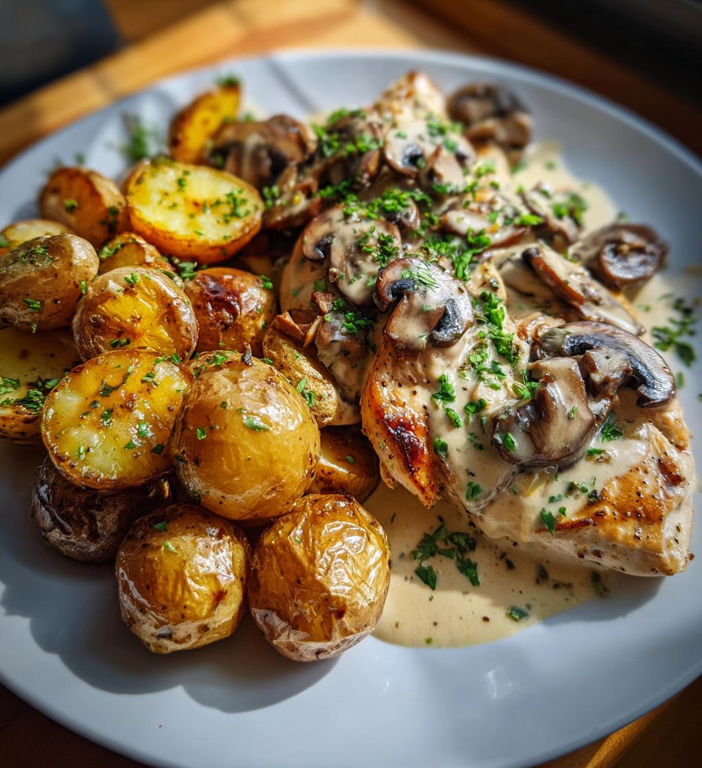 creamy mushroom garlic chicken alfredo hot honey roasted potatoes
