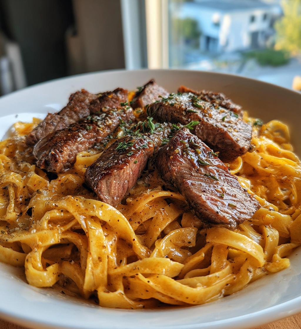 creamy spicy garlic butter steak and pasta recipe - detail 1