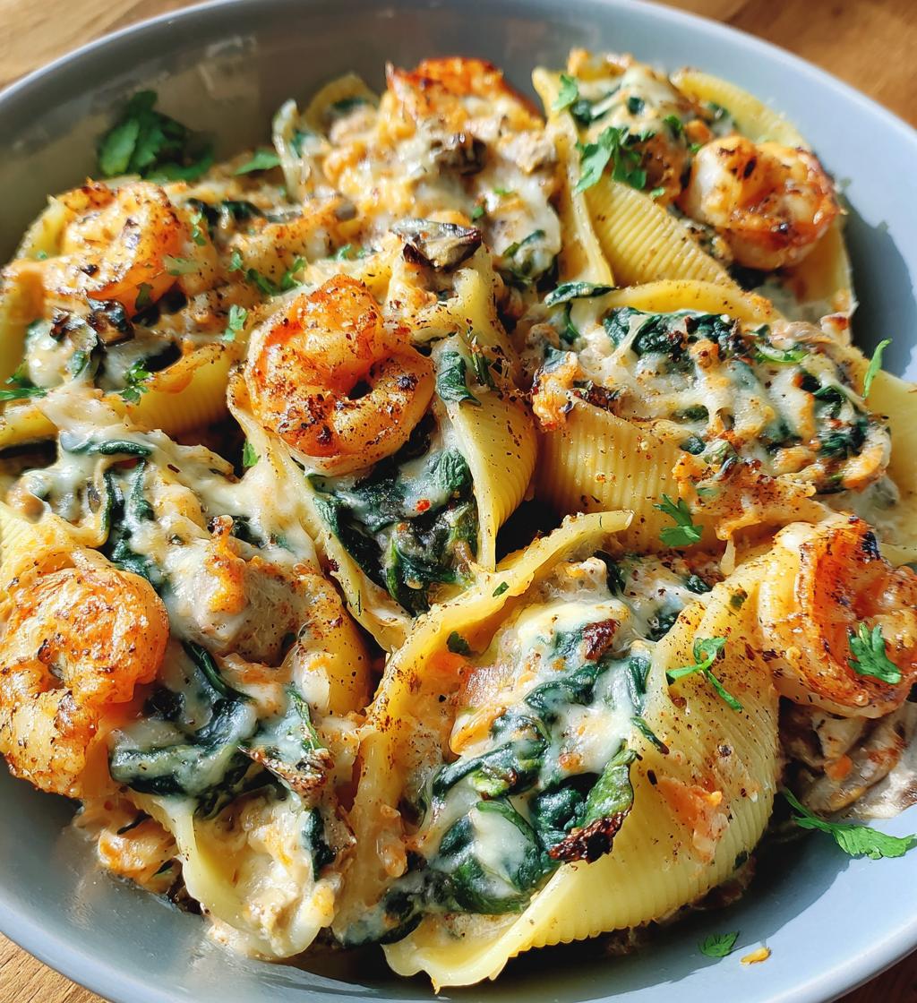 creamy spinach mushroom shrimp shells