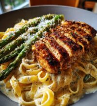 delicious greek chili chicken alfredo with smoked feta cream crispy parmesan asparagus