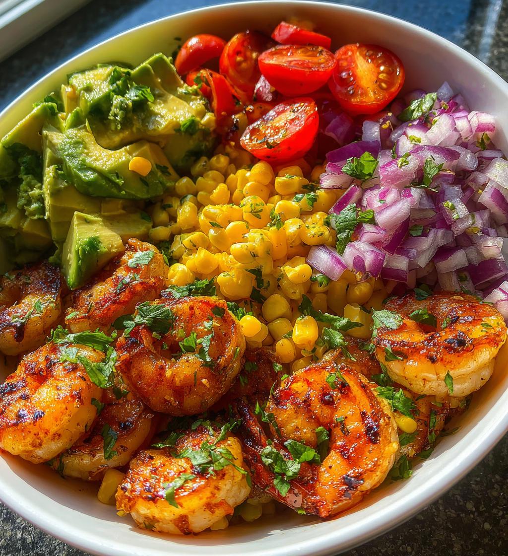 easy grilled shrimp bowl recipe with avocado corn salsa - detail 1