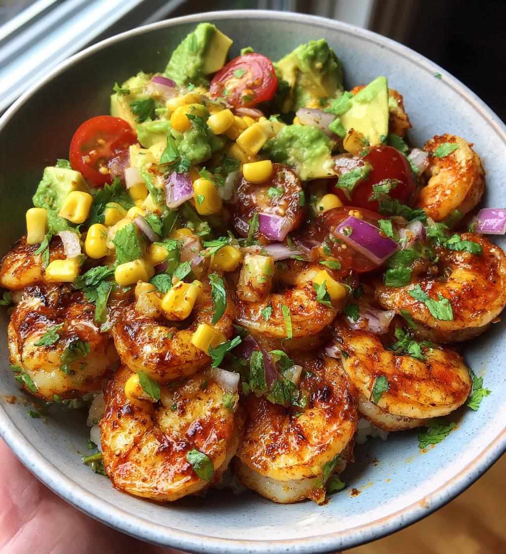 easy grilled shrimp bowl recipe with avocado corn salsa