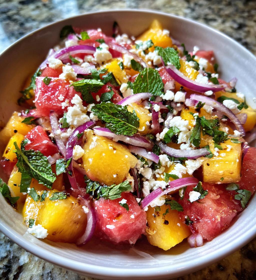 easy summer peach watermelon salad - detail 1