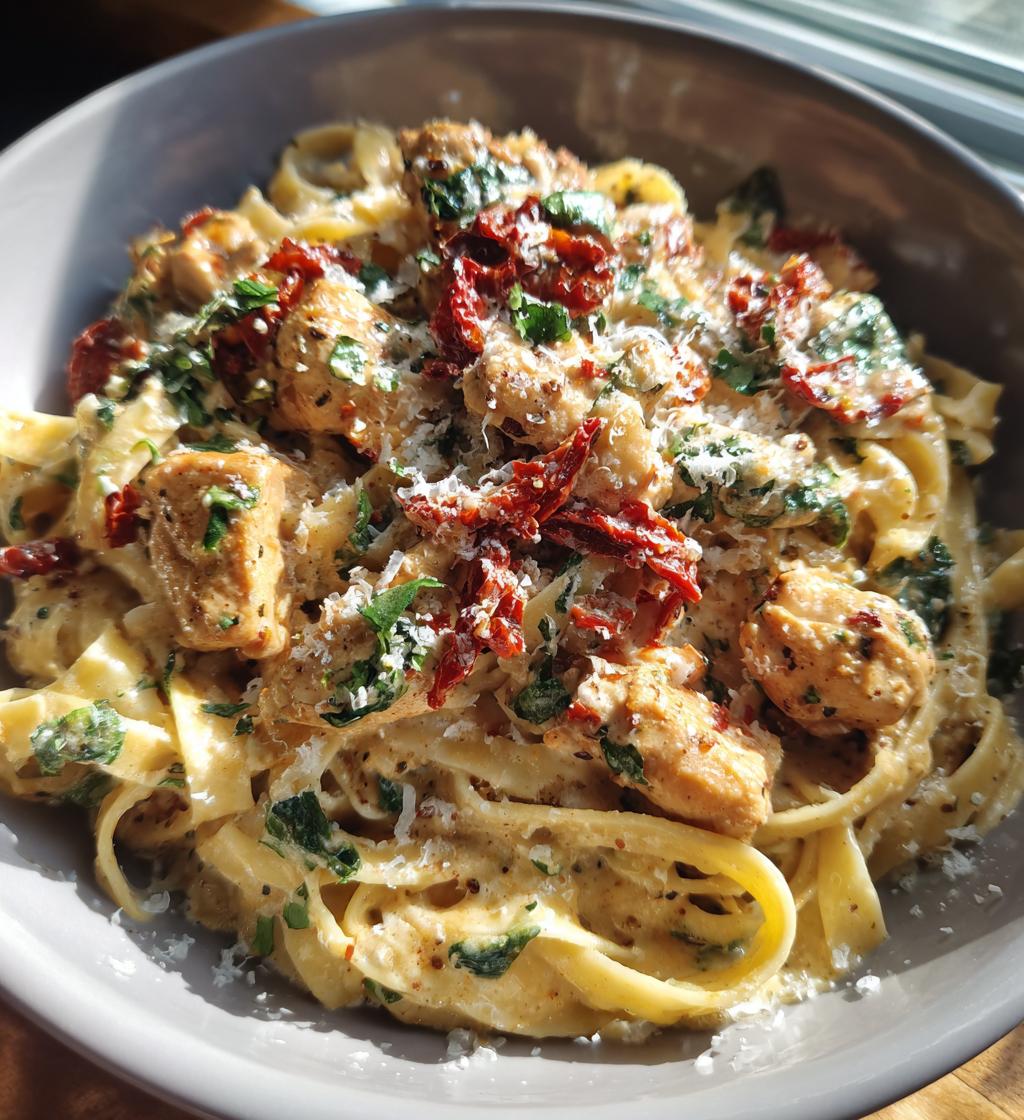 easy tuscan garlic chicken bites sun dried tomato cajun alfredo pasta recipe - detail 1