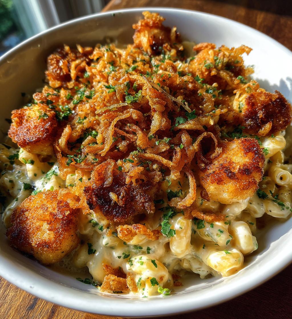 garlic butter chicken bites cajun alfredo mac with crispy onion topping - detail 1