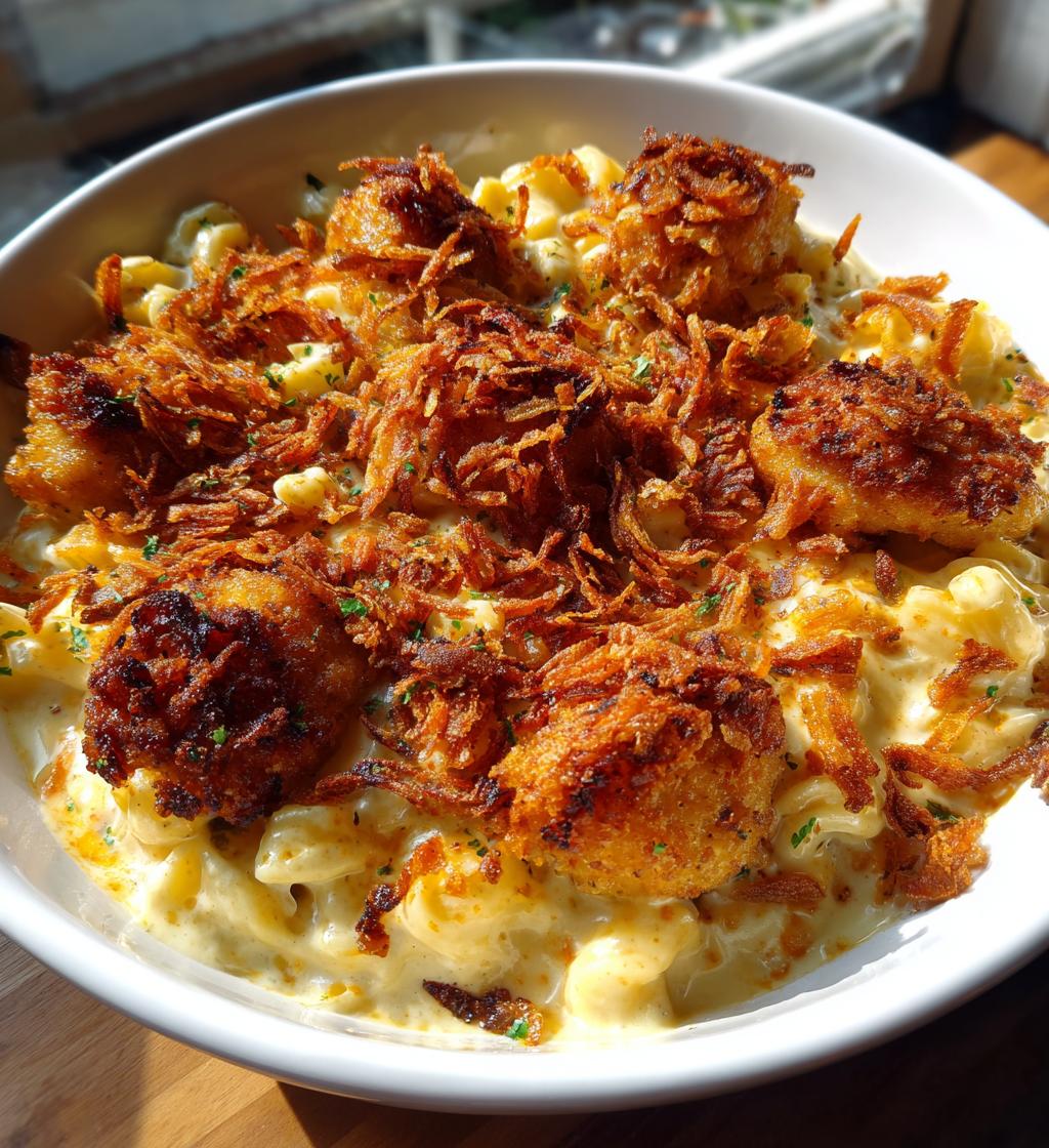 garlic butter chicken bites cajun alfredo mac with crispy onion topping