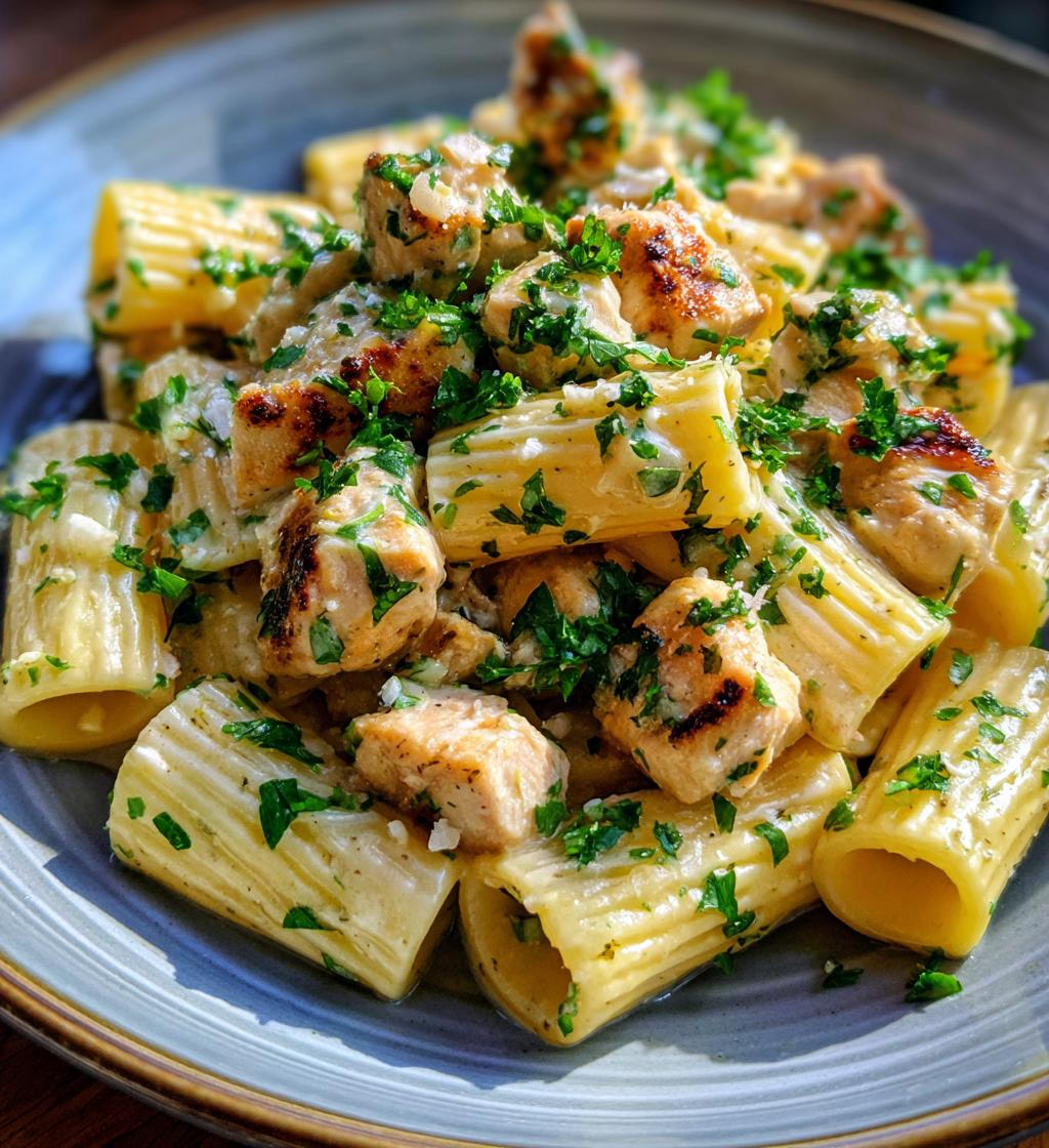 garlic butter chicken rigatoni in creamy parmesan sauce - detail 1