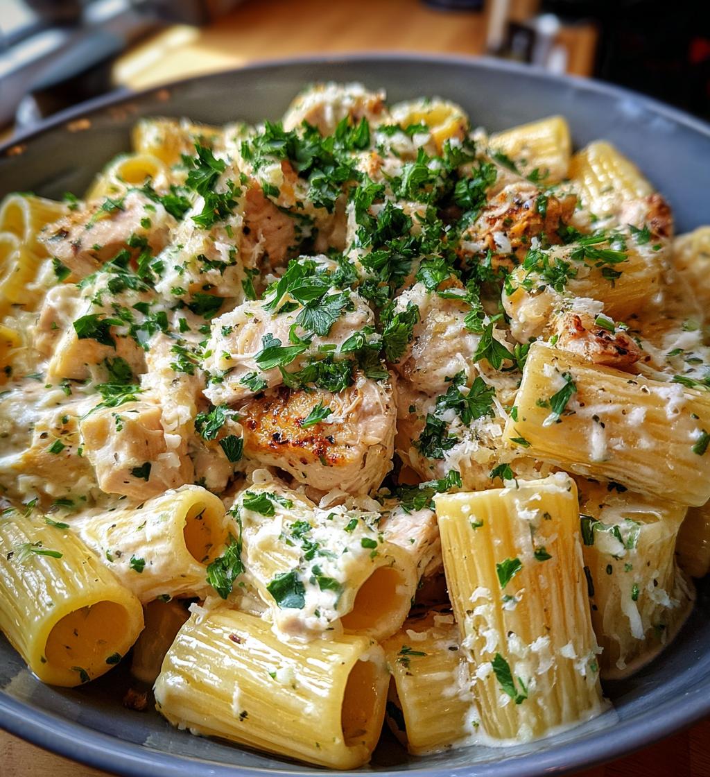 garlic butter chicken rigatoni in creamy parmesan sauce