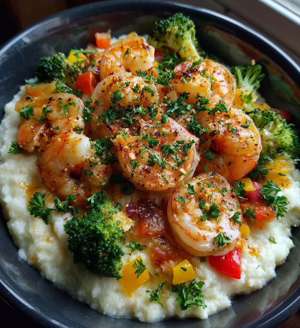 garlic butter shrimp veggie mash bowl - detail 1