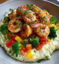 garlic butter shrimp veggie mash bowl