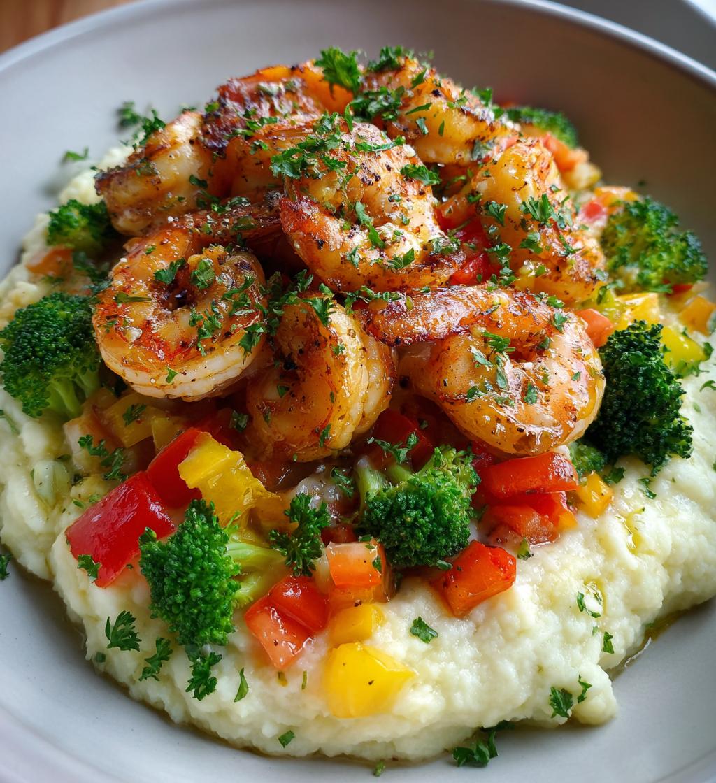 garlic butter shrimp veggie mash bowl