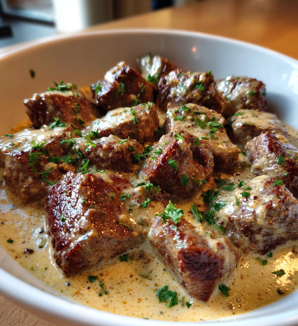 garlic butter steak bites with parmesan cream sauce - detail 1