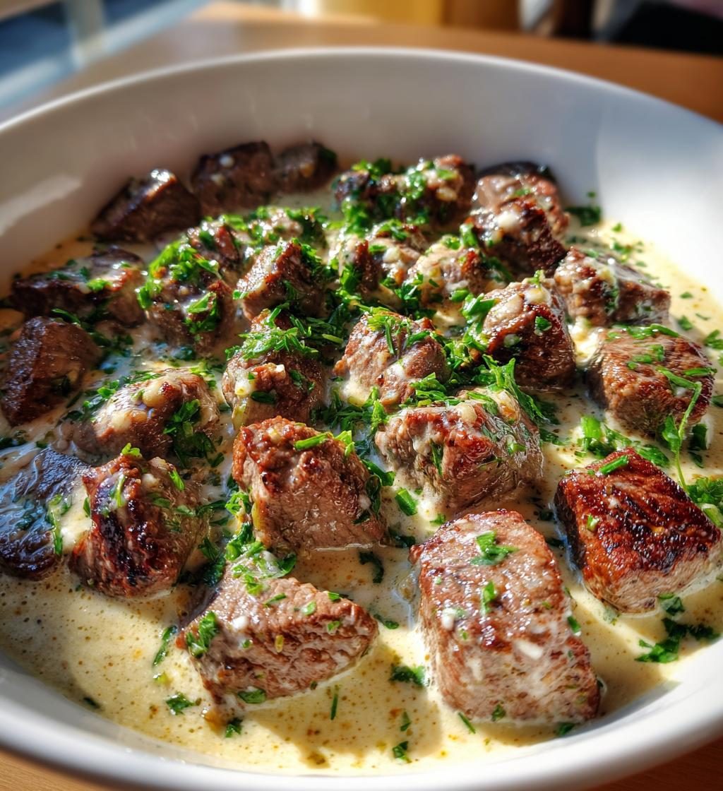 garlic butter steak bites with parmesan cream sauce