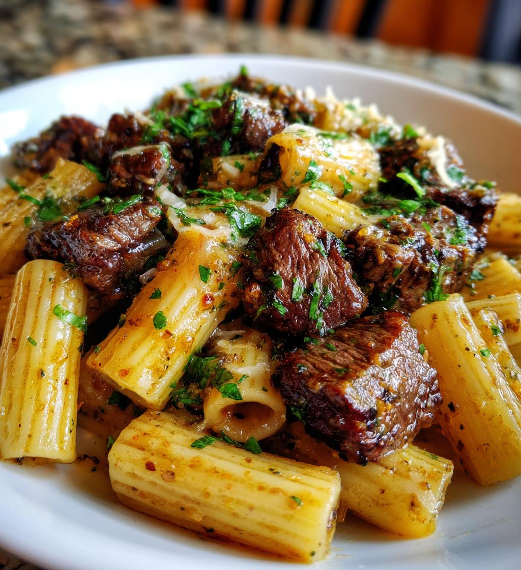 garlic butter steak tips with cheesy rigatoni - detail 1