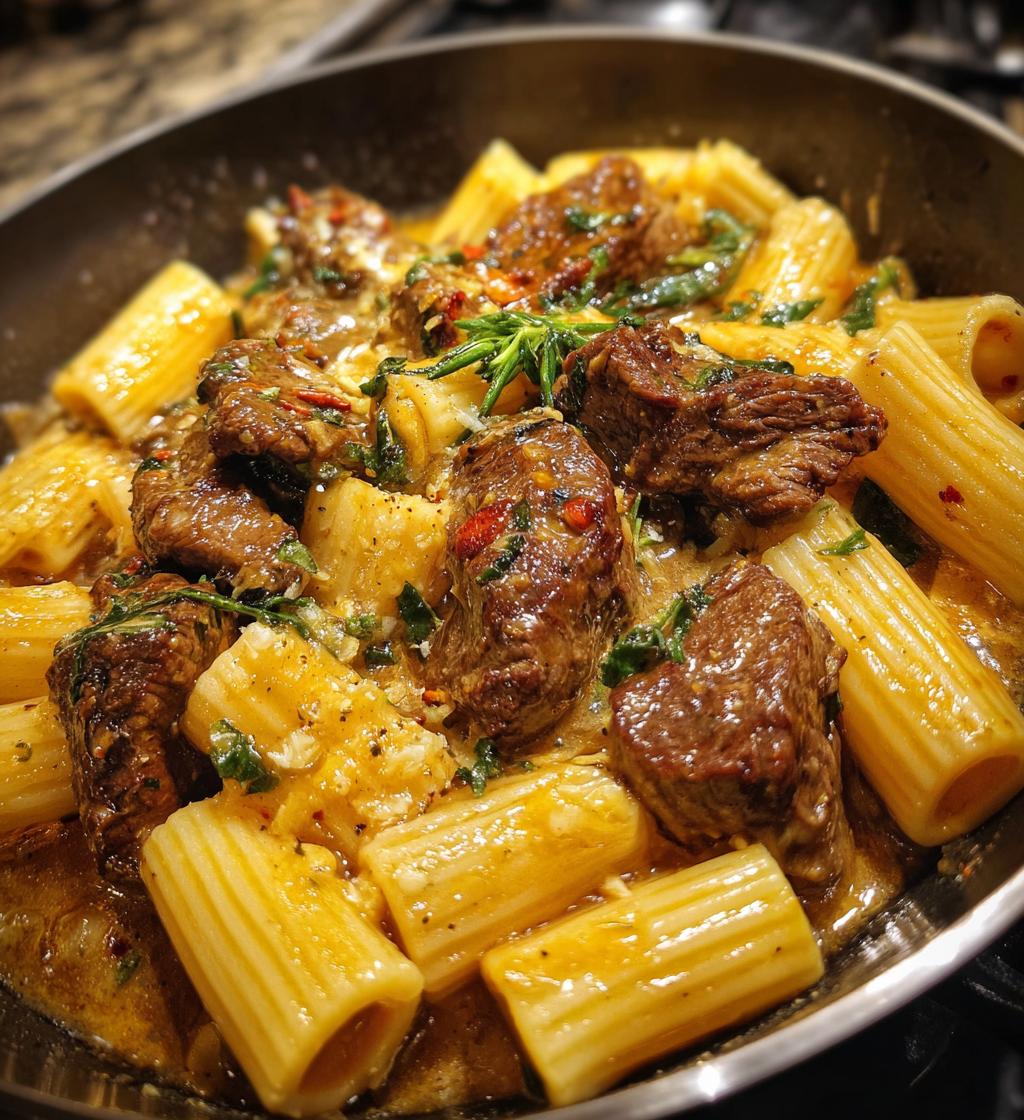 garlic butter steak tips with cheesy rigatoni