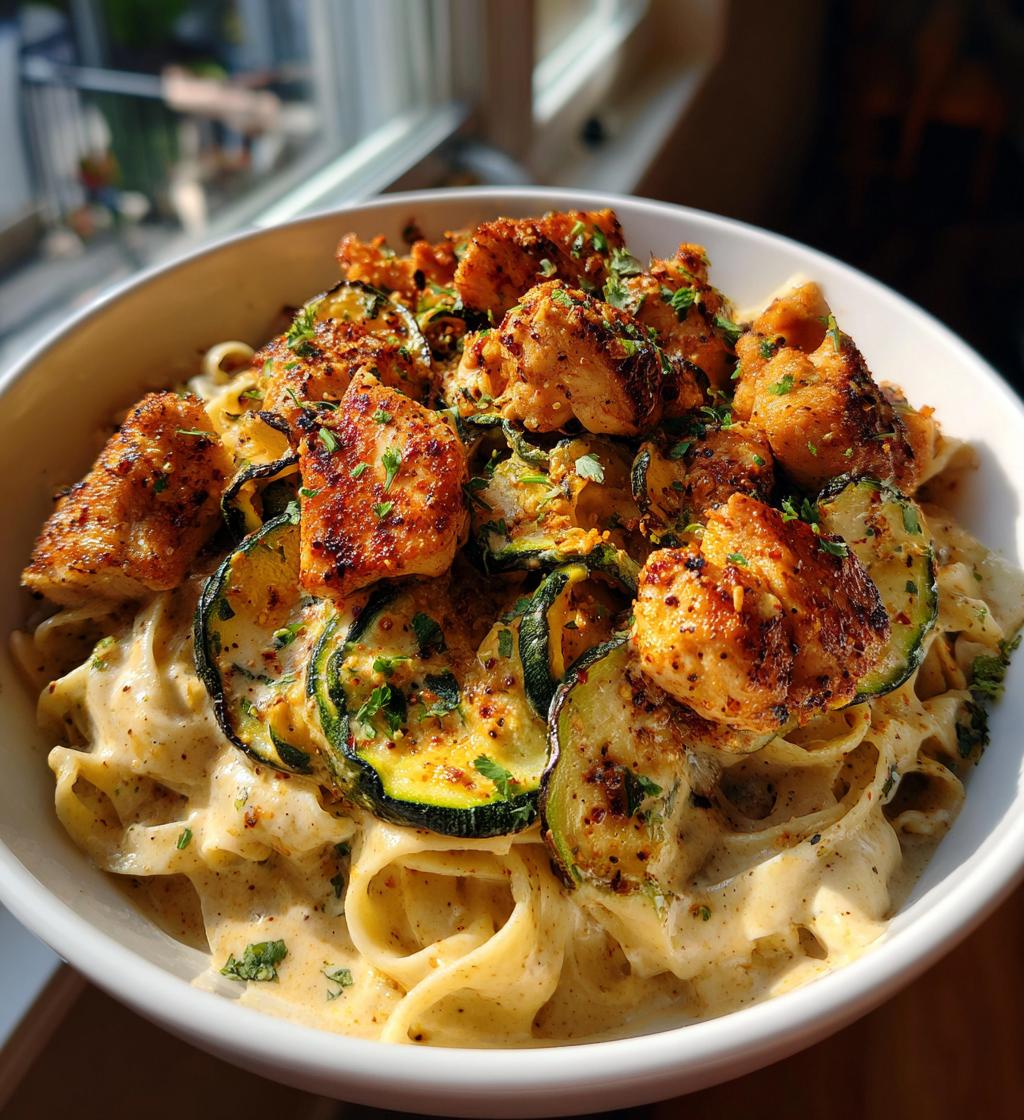 garlic chili oil chicken bites cajun alfredo with charred zucchini twists - detail 1