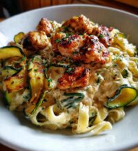 garlic chili oil chicken bites cajun alfredo with charred zucchini twists