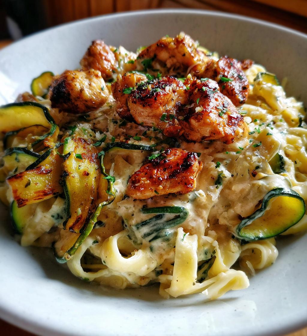 garlic chili oil chicken bites cajun alfredo with charred zucchini twists