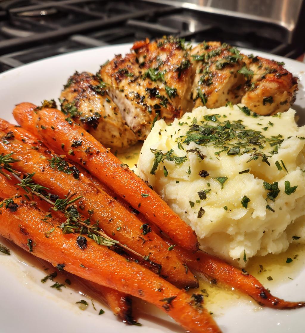 garlic herb chicken with creamy mash roasted carrots - detail 1