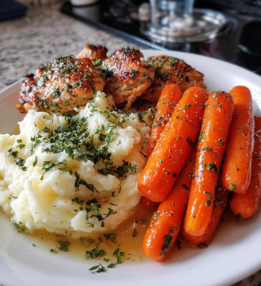 garlic herb chicken with creamy mash roasted carrots