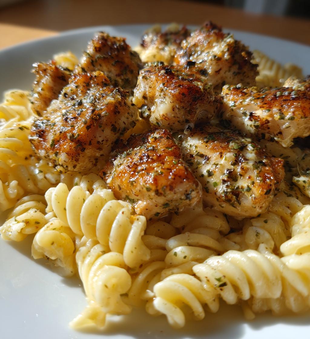 garlic parmesan chicken bites with creamy rotini