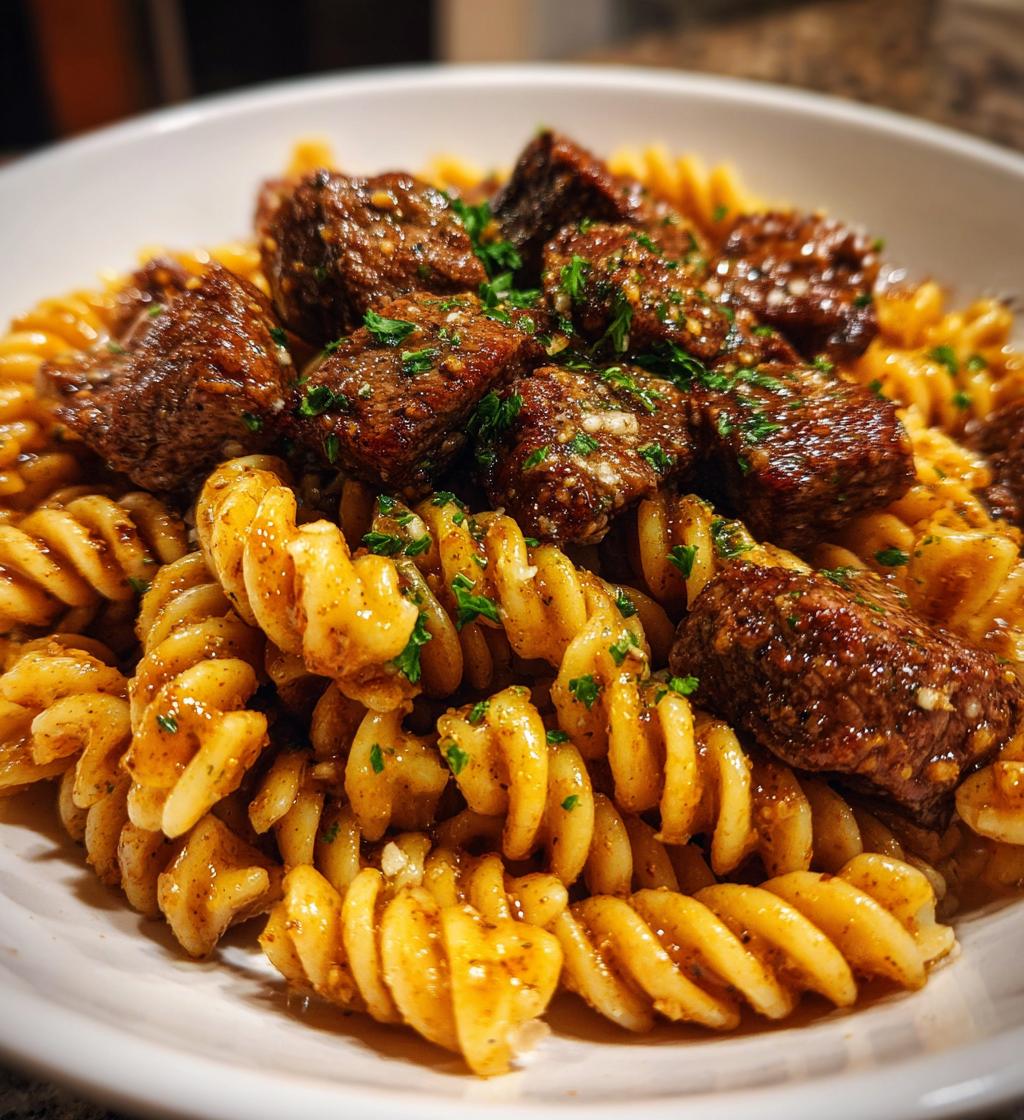 garlic parmesan steak bites with cajun twisted pasta - detail 1