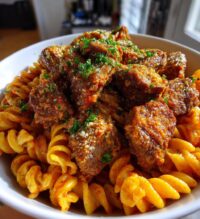 garlic parmesan steak bites with cajun twisted pasta