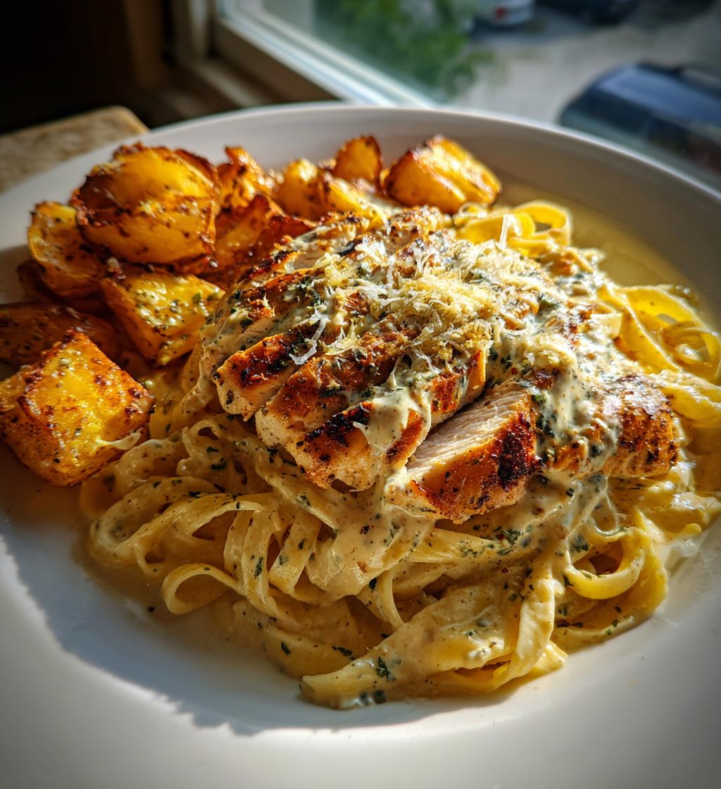 greek chicken alfredo garlic potatoes with spicy hot honey tahini pesto - detail 1