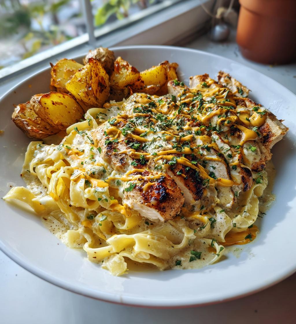 greek chicken alfredo garlic potatoes with spicy hot honey tahini pesto