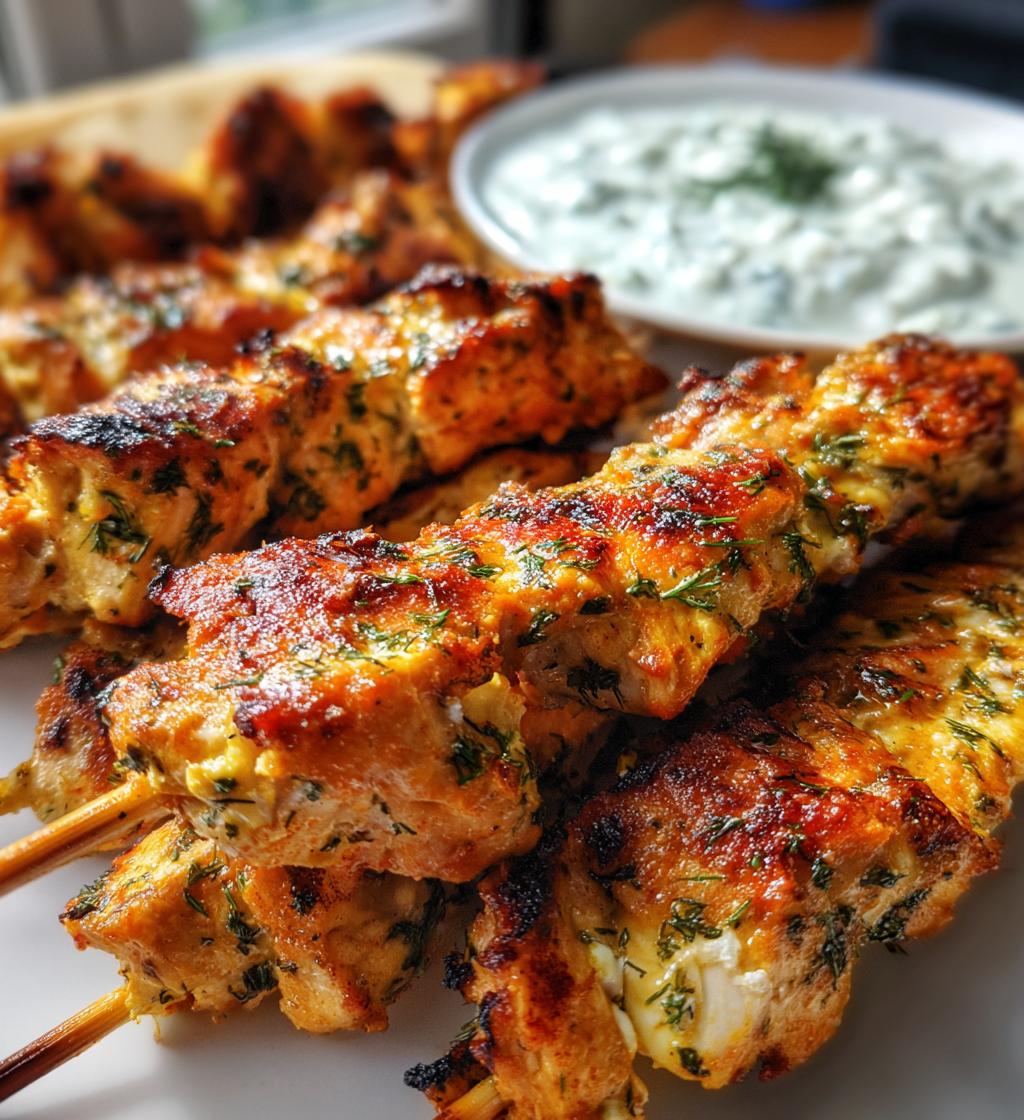 greek lemon chicken skewers with tzatziki sauce