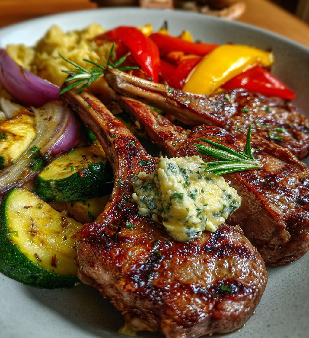 grilled lamb chops rosemary garlic butter roasted veggies - detail 1