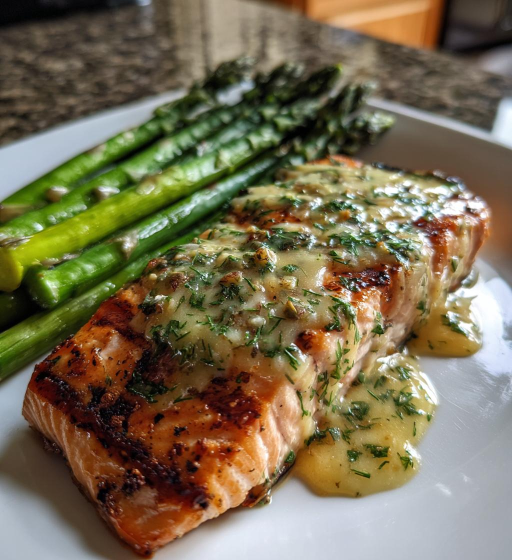 grilled salmon lemon butter dill sauce asparagus - detail 1