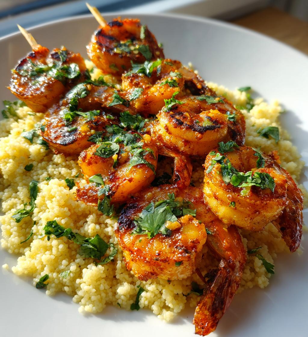 grilled shrimp skewers spicy garlic lime marinade couscous - detail 1