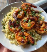 grilled shrimp skewers spicy garlic lime marinade couscous