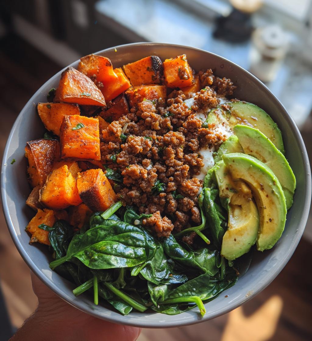 ground beef sweet potato power bowl