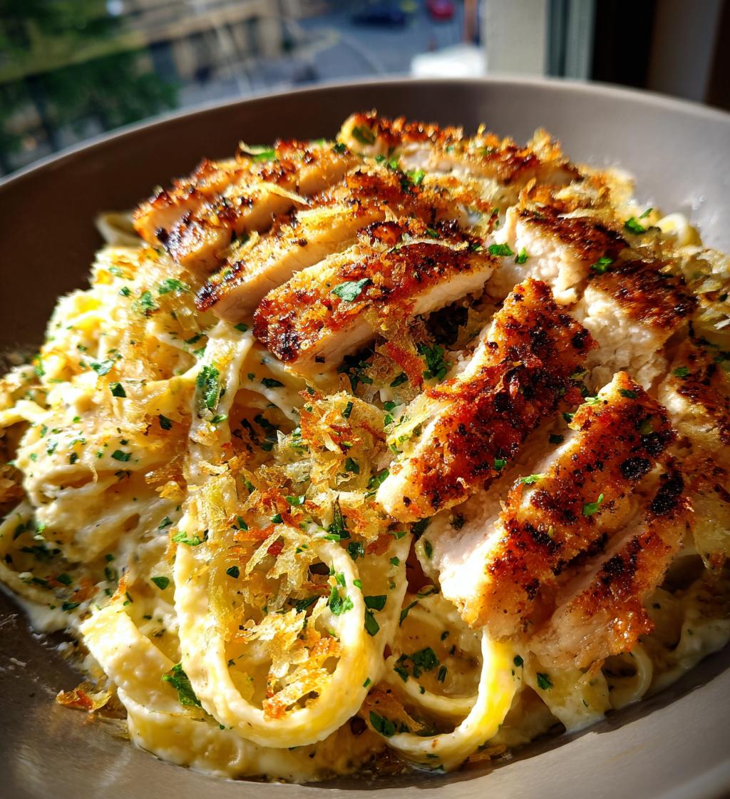 herbed chicken alfredo with truffle feta cream crispy parmesan leeks