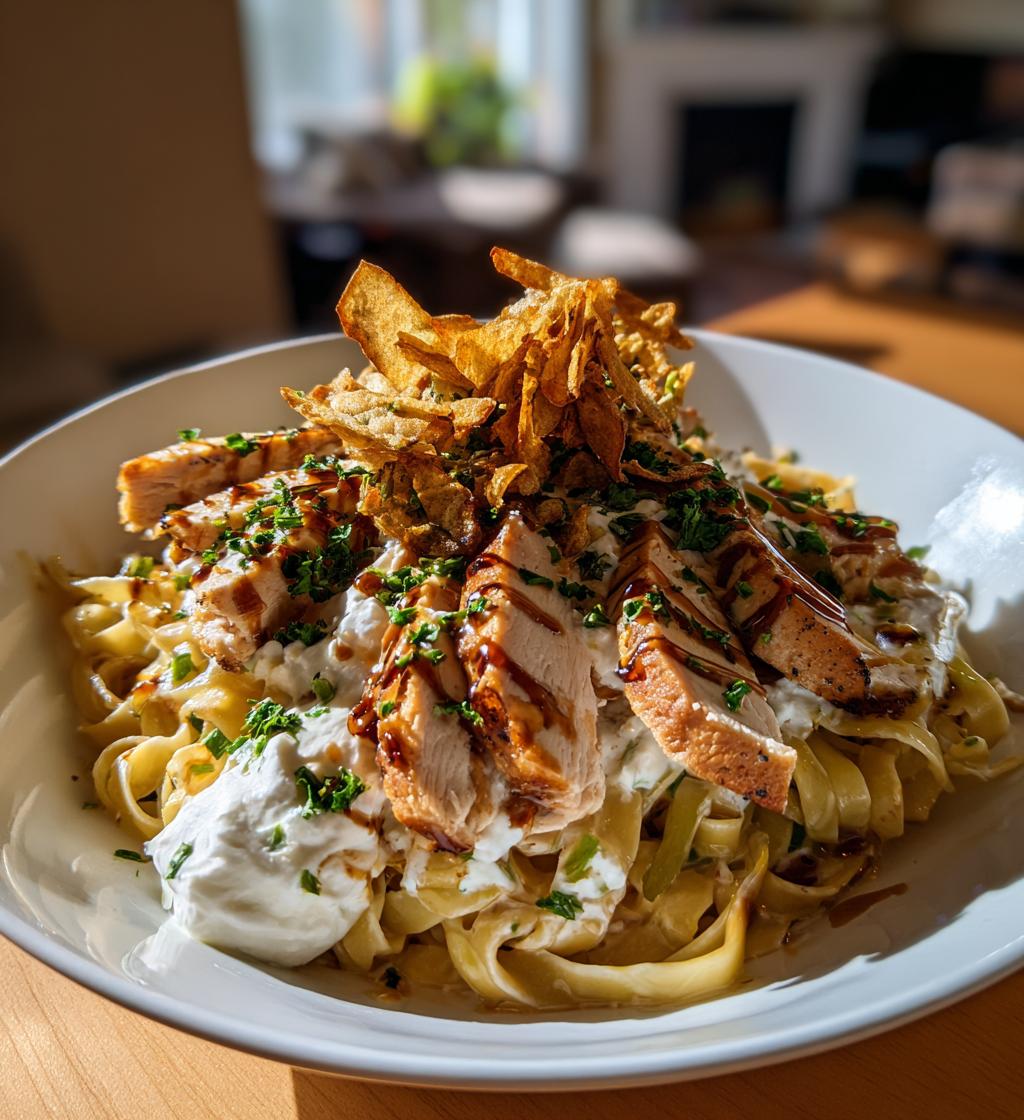 hot honey balsamic chicken alfredo with whipped feta crispy brussels chips
