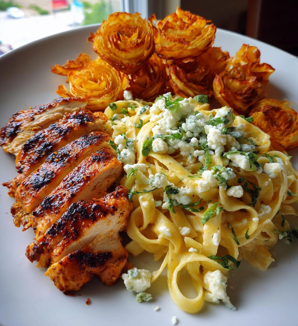 hot honey cajun chicken alfredo with basil feta swirl crispy brussels chips - detail 1