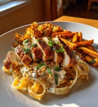 hot honey cajun chicken alfredo with basil feta swirl crispy brussels chips