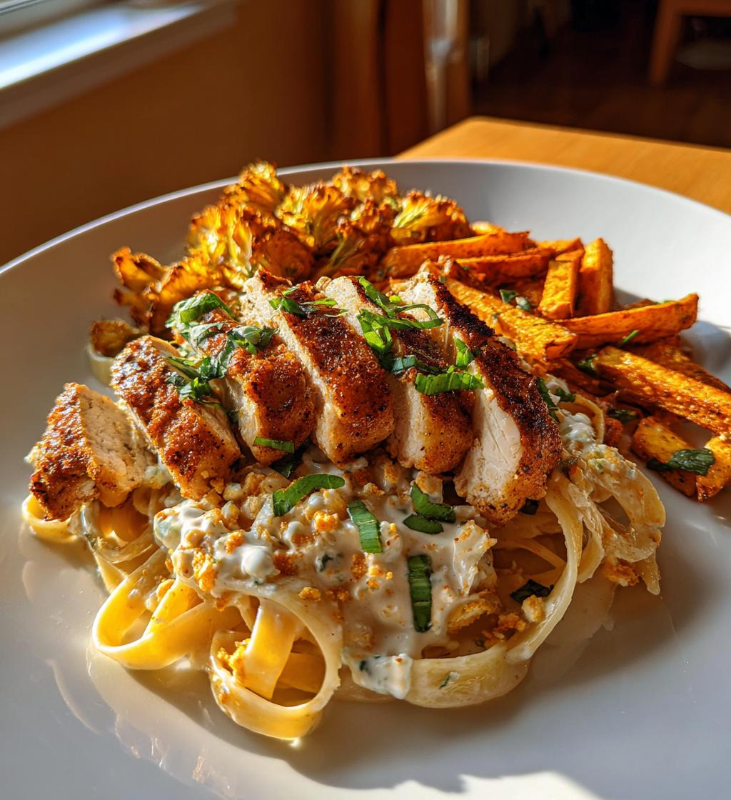 hot honey cajun chicken alfredo with basil feta swirl crispy brussels chips