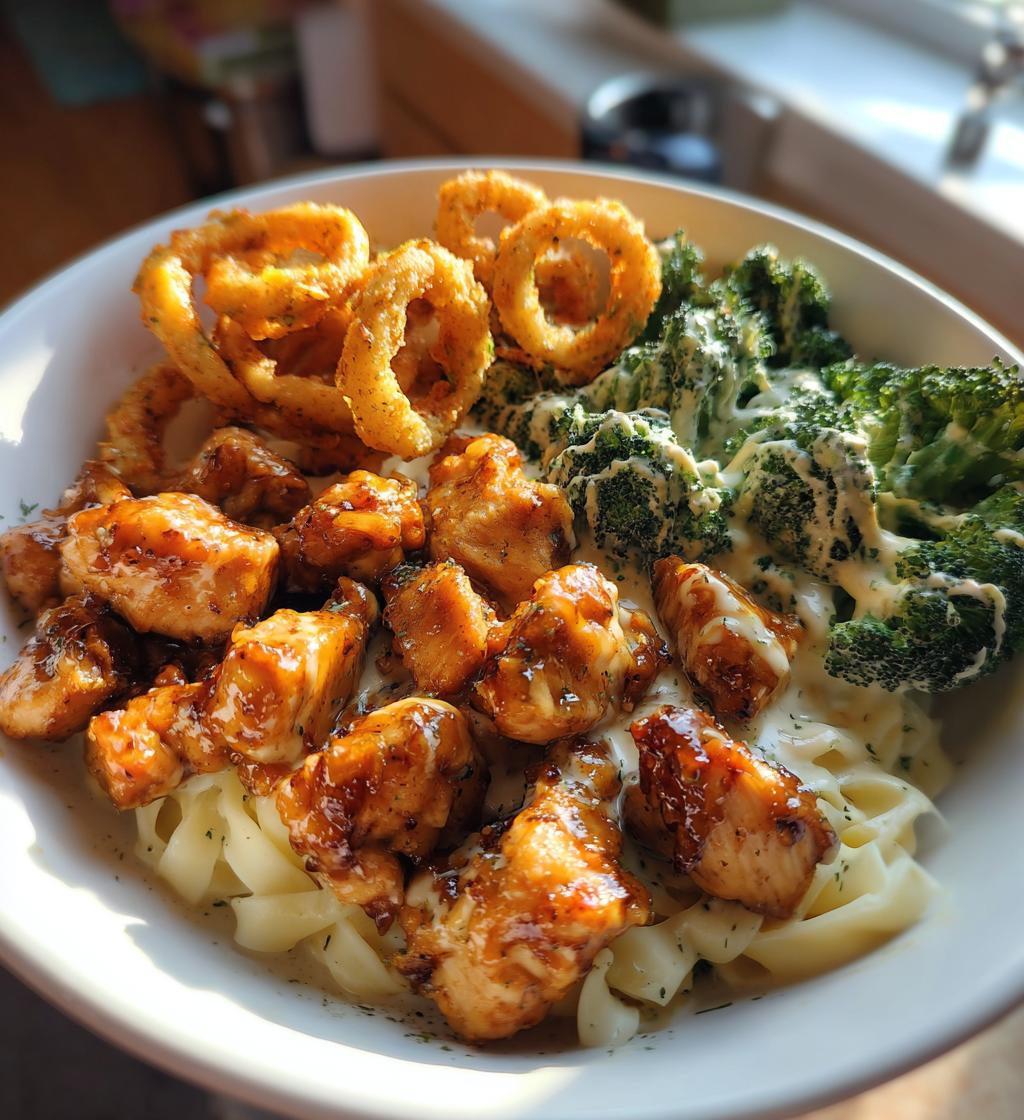 hot honey garlic chicken bites cajun alfredo with crispy broccoli twists - detail 1