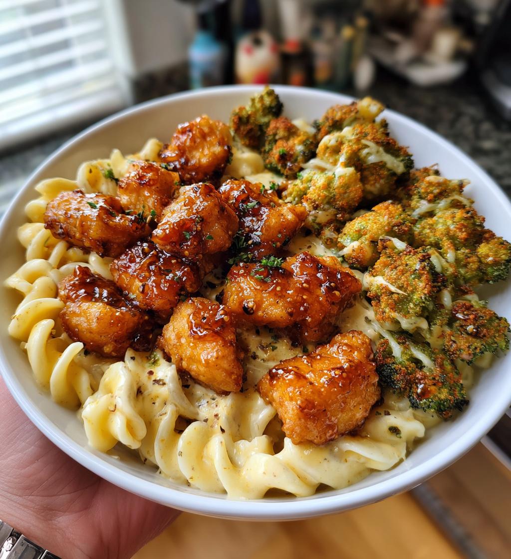 hot honey garlic chicken bites cajun alfredo with crispy broccoli twists