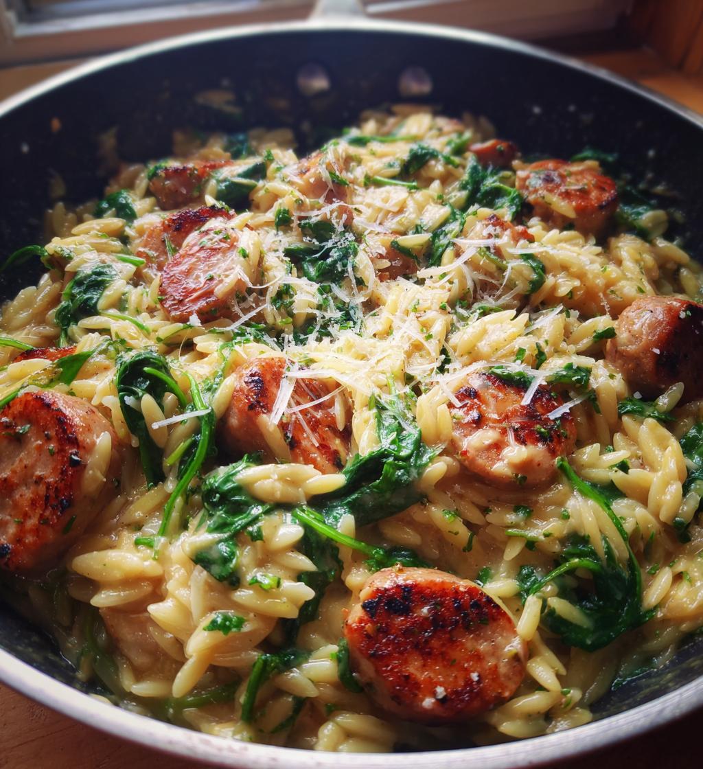 irresistible creamy chicken sausage orzo skillet - detail 1