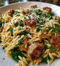 irresistible creamy chicken sausage orzo skillet