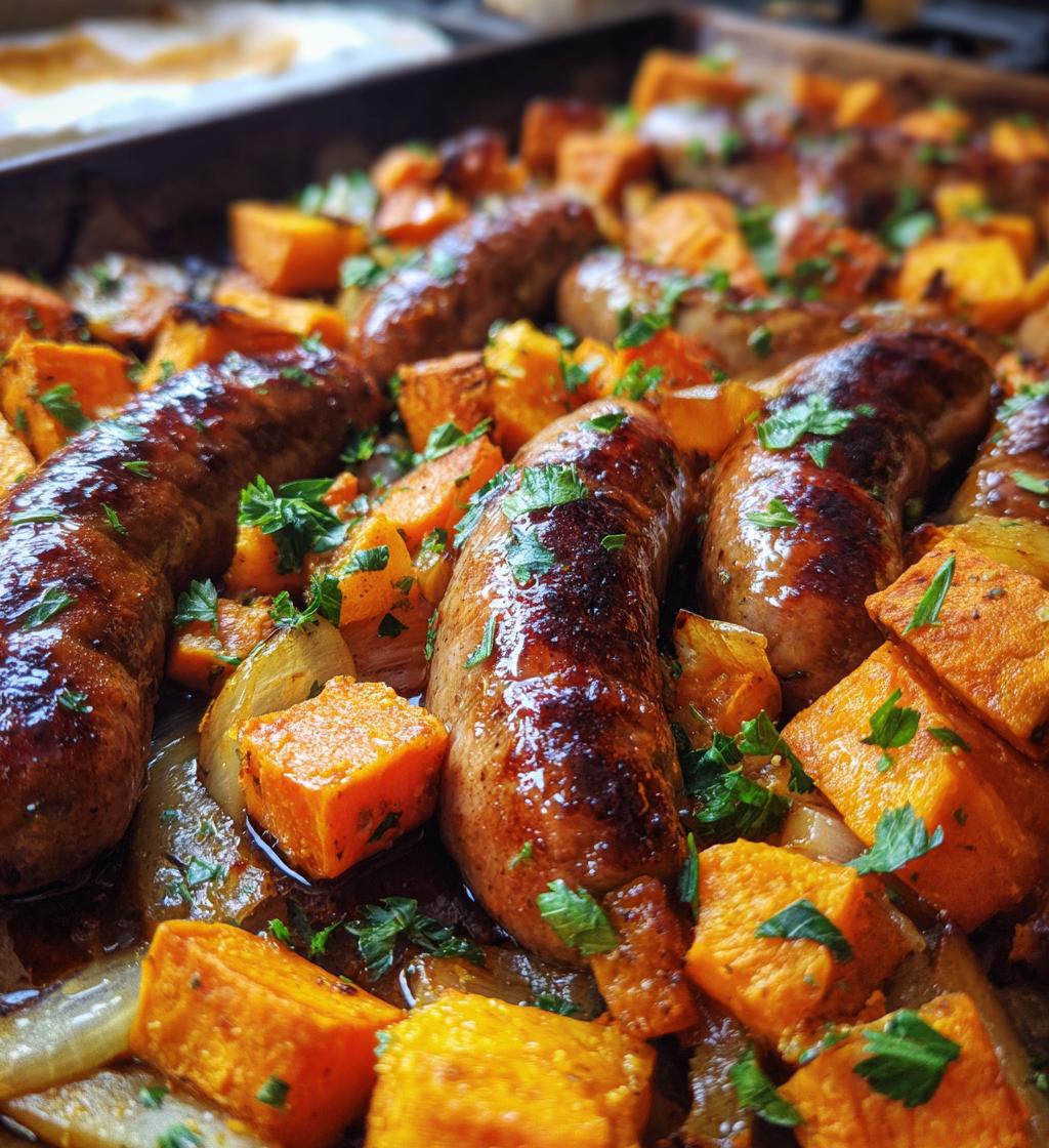 irresistible sheet pan sausage and sweet potatoes with honey garlic sauce - detail 1