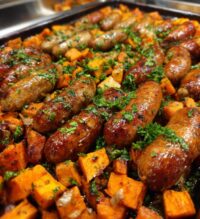 irresistible sheet pan sausage and sweet potatoes with honey garlic sauce