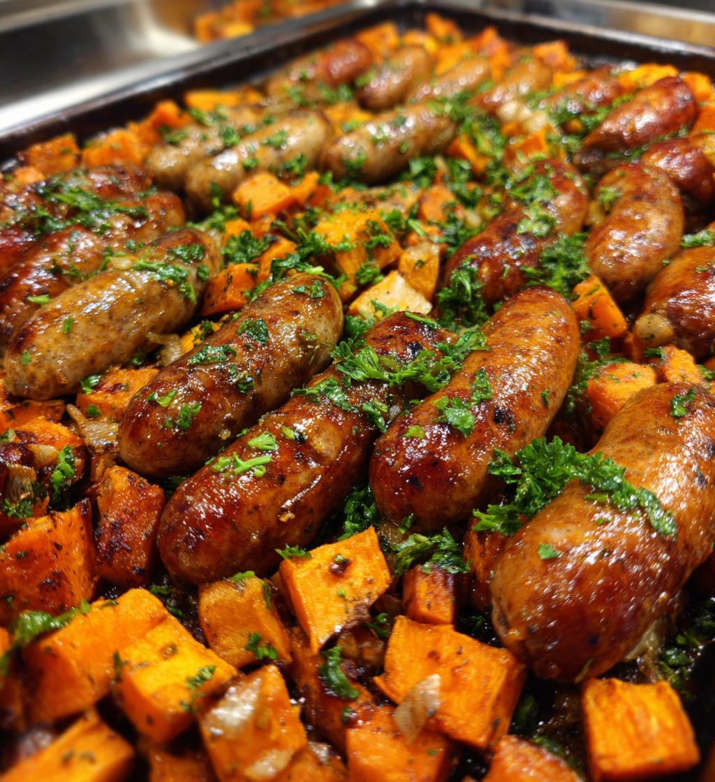 irresistible sheet pan sausage and sweet potatoes with honey garlic sauce