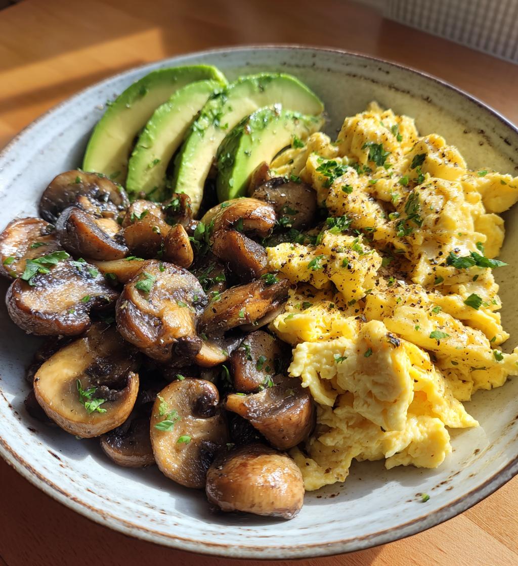 keto breakfast plate with creamy scrambled eggs mushrooms avocado - detail 1