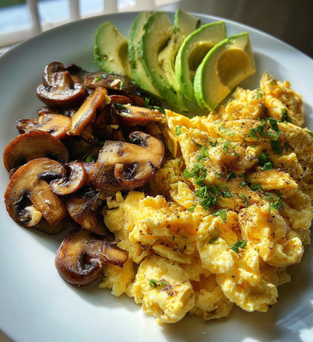 keto breakfast plate with creamy scrambled eggs mushrooms avocado