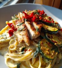 lemon dill chicken alfredo with roasted red pepper whipped feta crispy parmesan zucchini
